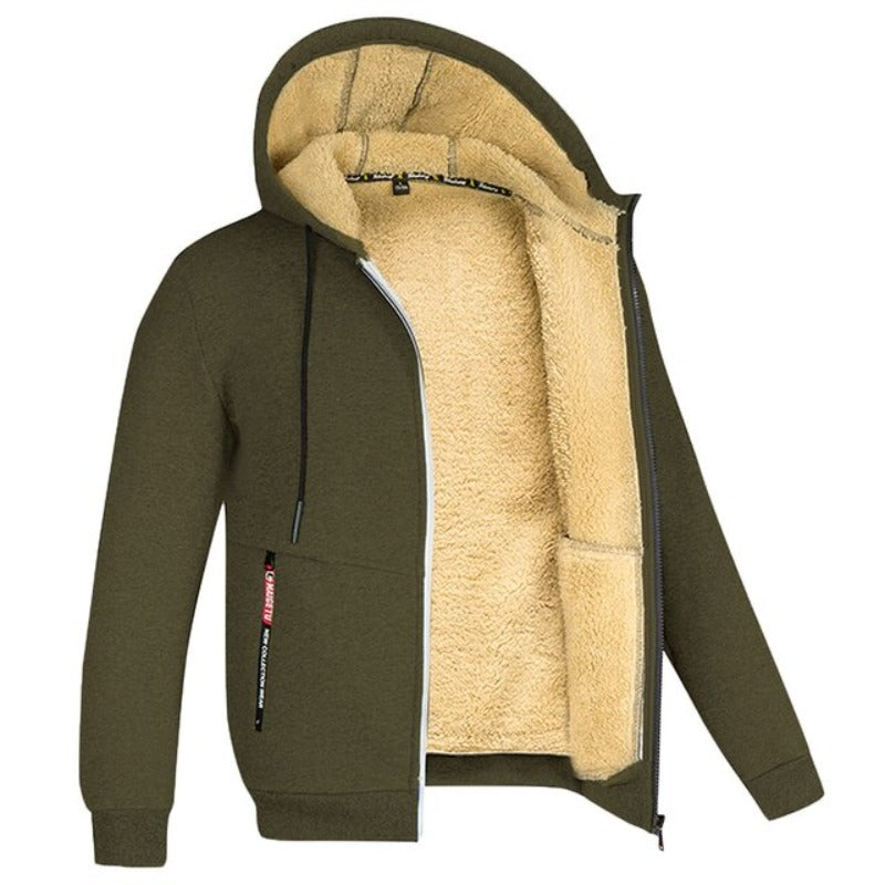 Men's Wool-Lined Zip Jacket with Drawstring Hood and Side Pockets - Olive Green