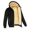 Men's Wool-Lined Zip Jacket with Drawstring Hood and Side Pockets - Black
