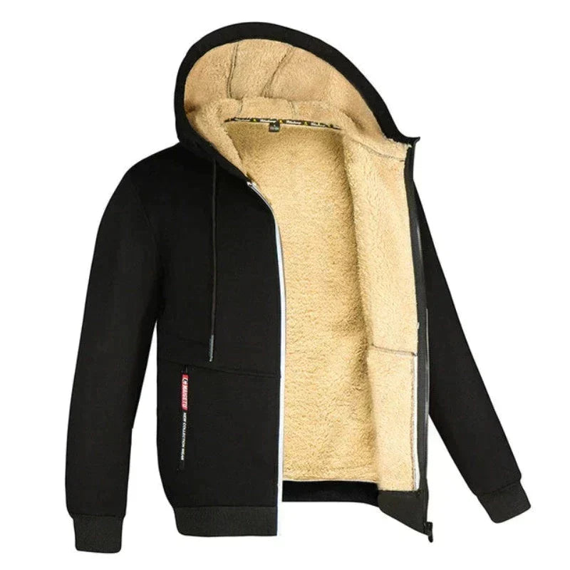 Men's Wool-Lined Zip Jacket with Drawstring Hood and Side Pockets - Black