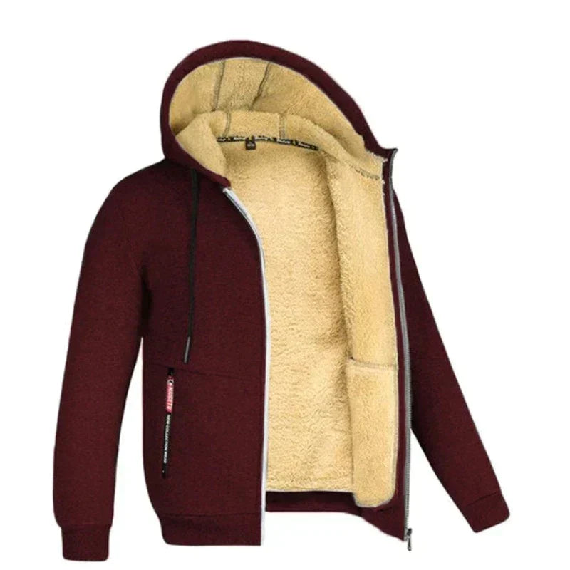 Men's Wool-Lined Zip Jacket with Drawstring Hood and Side Pockets - Wine Red