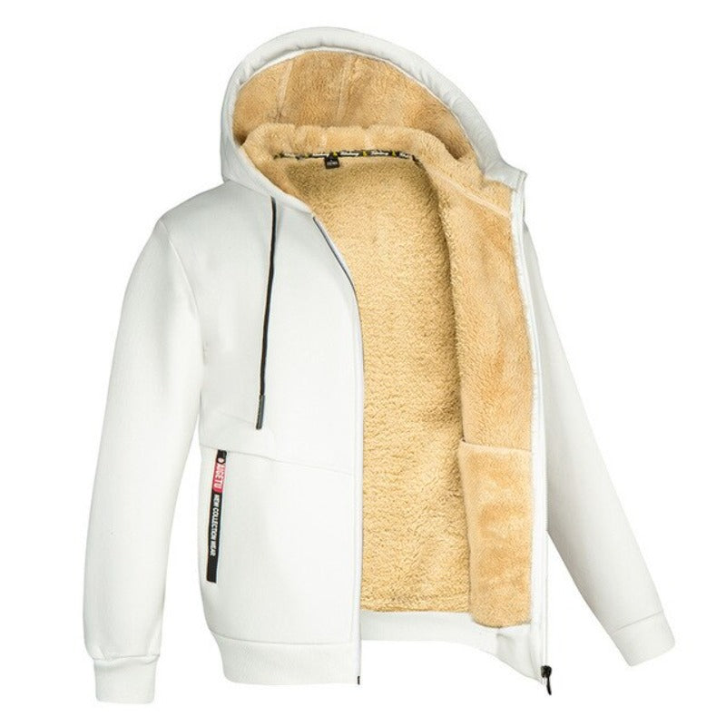 Men's Wool-Lined Zip Jacket with Drawstring Hood and Side Pockets - White