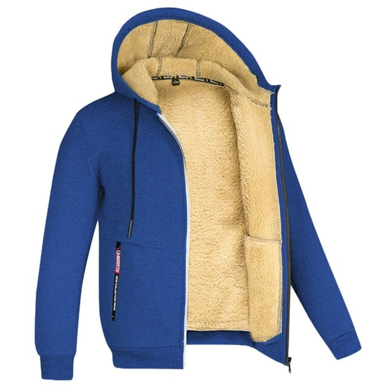 Men's Wool-Lined Zip Jacket with Drawstring Hood and Side Pockets - Royal Blue