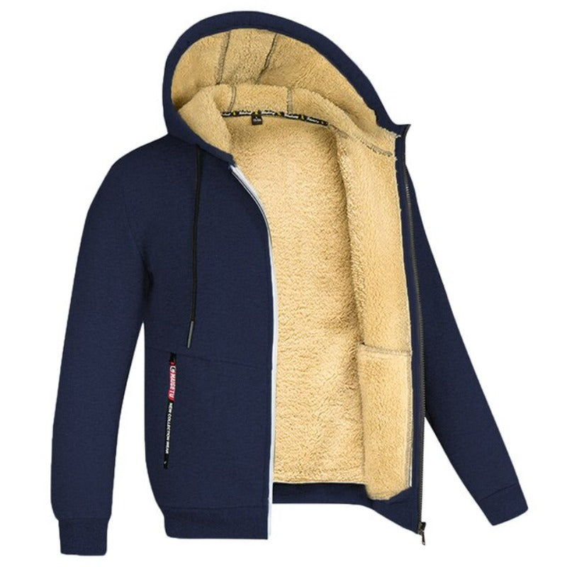 Men's Wool-Lined Zip Jacket with Drawstring Hood and Side Pockets - Navy Blue