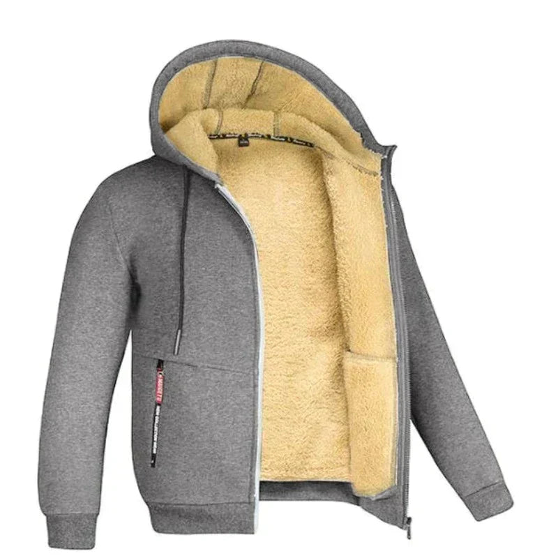 Men's Wool-Lined Zip Jacket with Drawstring Hood and Side Pockets - Gray