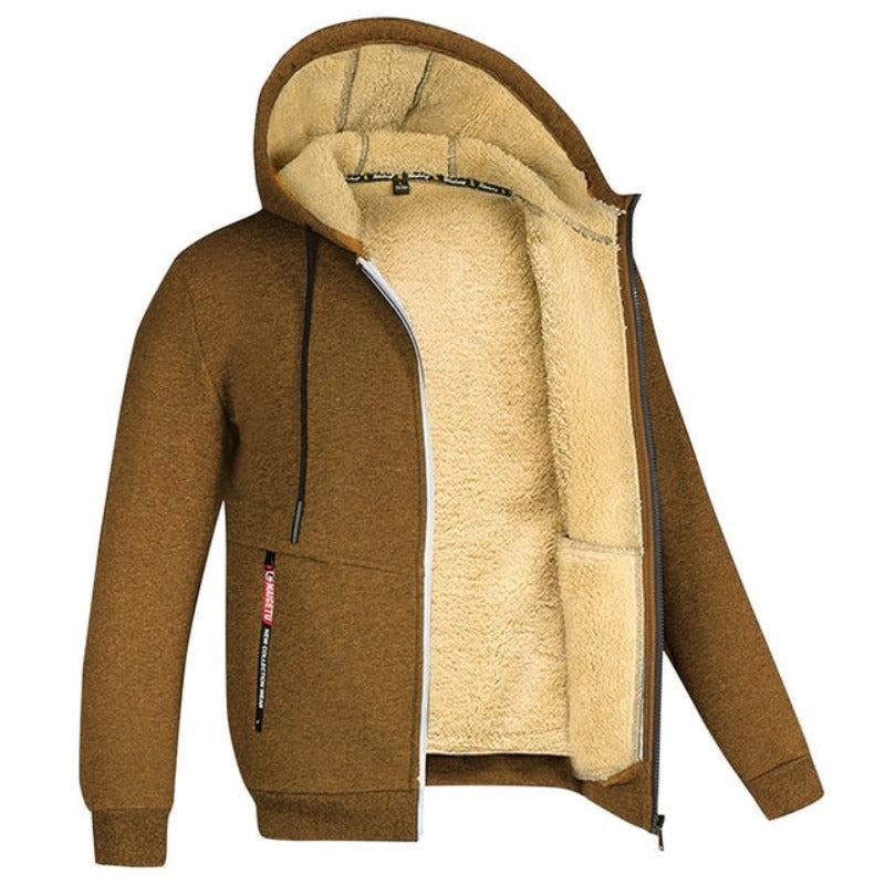 Men's Wool-Lined Zip Jacket with Drawstring Hood and Side Pockets - Brown