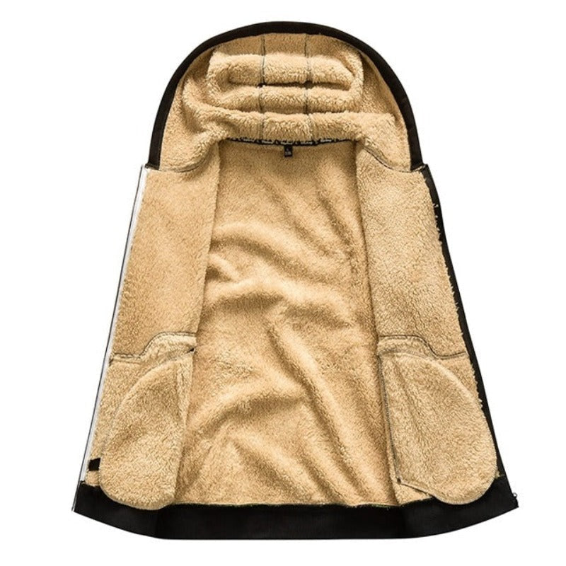 Men's Wool-Lined Zip Jacket with Drawstring Hood and Side Pockets