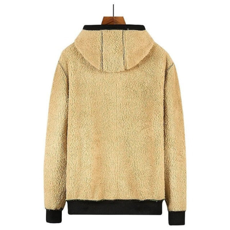 Men's Wool-Lined Zip Jacket with Drawstring Hood and Side Pockets
