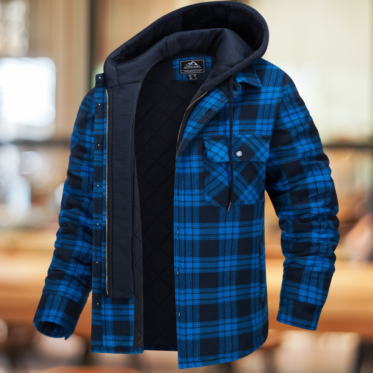 Men's Plaid Shirt-Collar Overshirt with Quilted Lining and Hood - Navy Blue