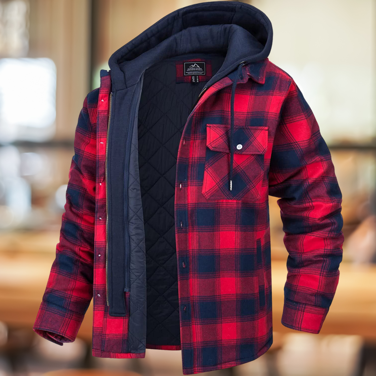 Men's Plaid Shirt-Collar Overshirt with Quilted Lining and Hood - Red