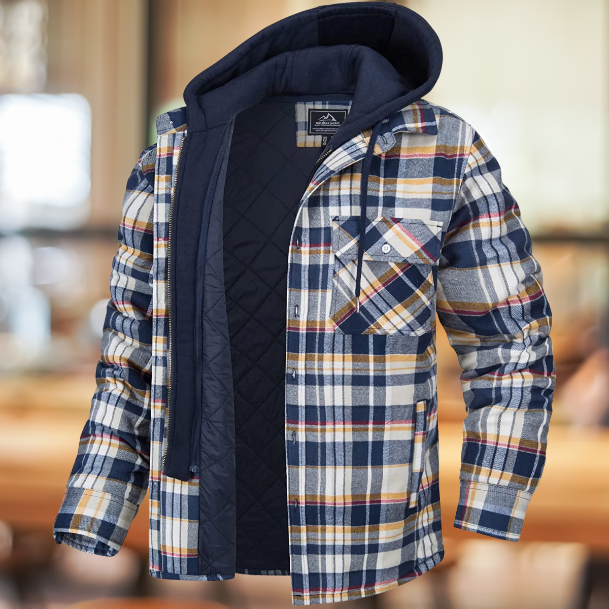 Men's Plaid Shirt-Collar Overshirt with Quilted Lining and Hood - Orange