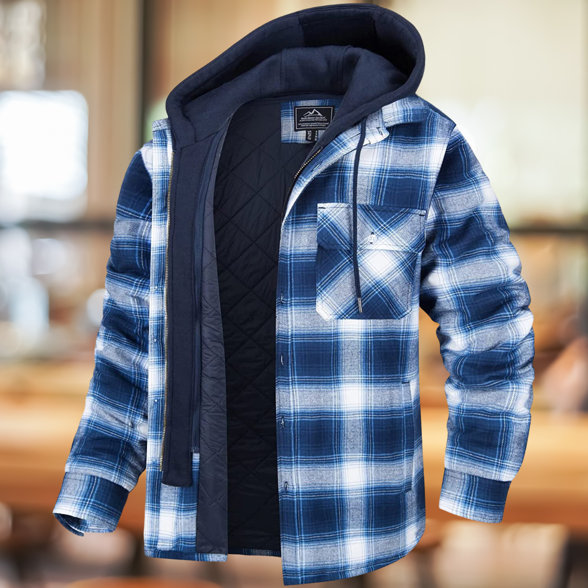 Men's Plaid Shirt-Collar Overshirt with Quilted Lining and Hood - Blue
