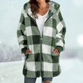 Women's Zip-Up Longline Teddy Fleece Coat in an Oversized Check - Green