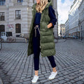 Women's Below-the-Knee Quilted Puffer Vest with Hood - Olive Green