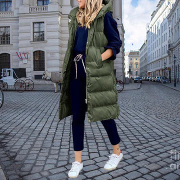 Women's Below-the-Knee Quilted Puffer Vest with Hood - Olive Green