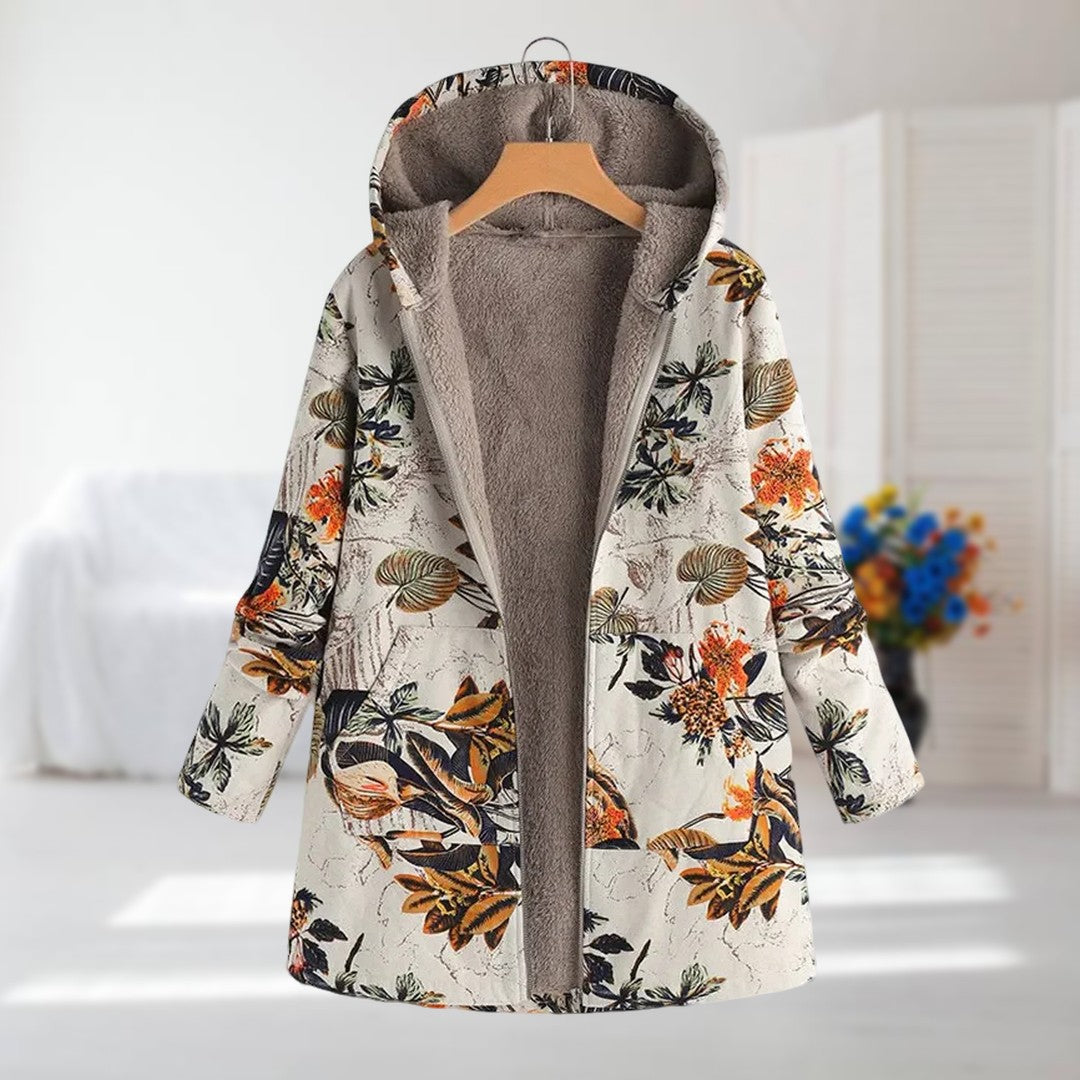 Women's Floral Hooded Jacket with Fleece Lining and Full Zip - Beige