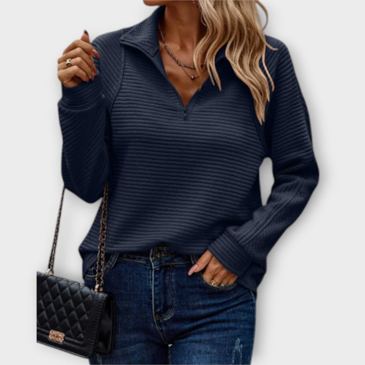 Women's Everyday Sweater with Zippered V-Neckline - Blue