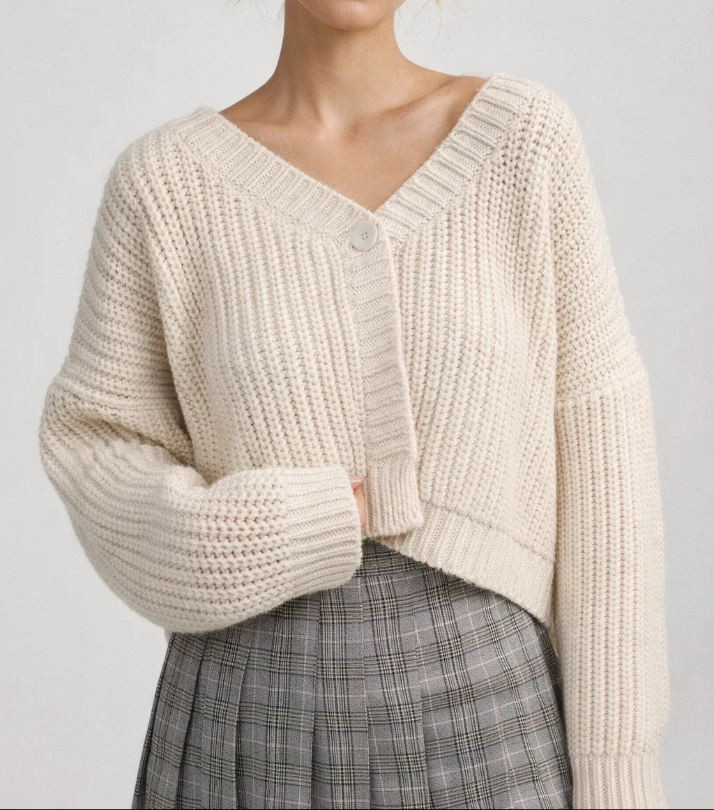 Women's Dropped-Shoulder Cropped V-Neck Cardigan in Textured Knit - Cream