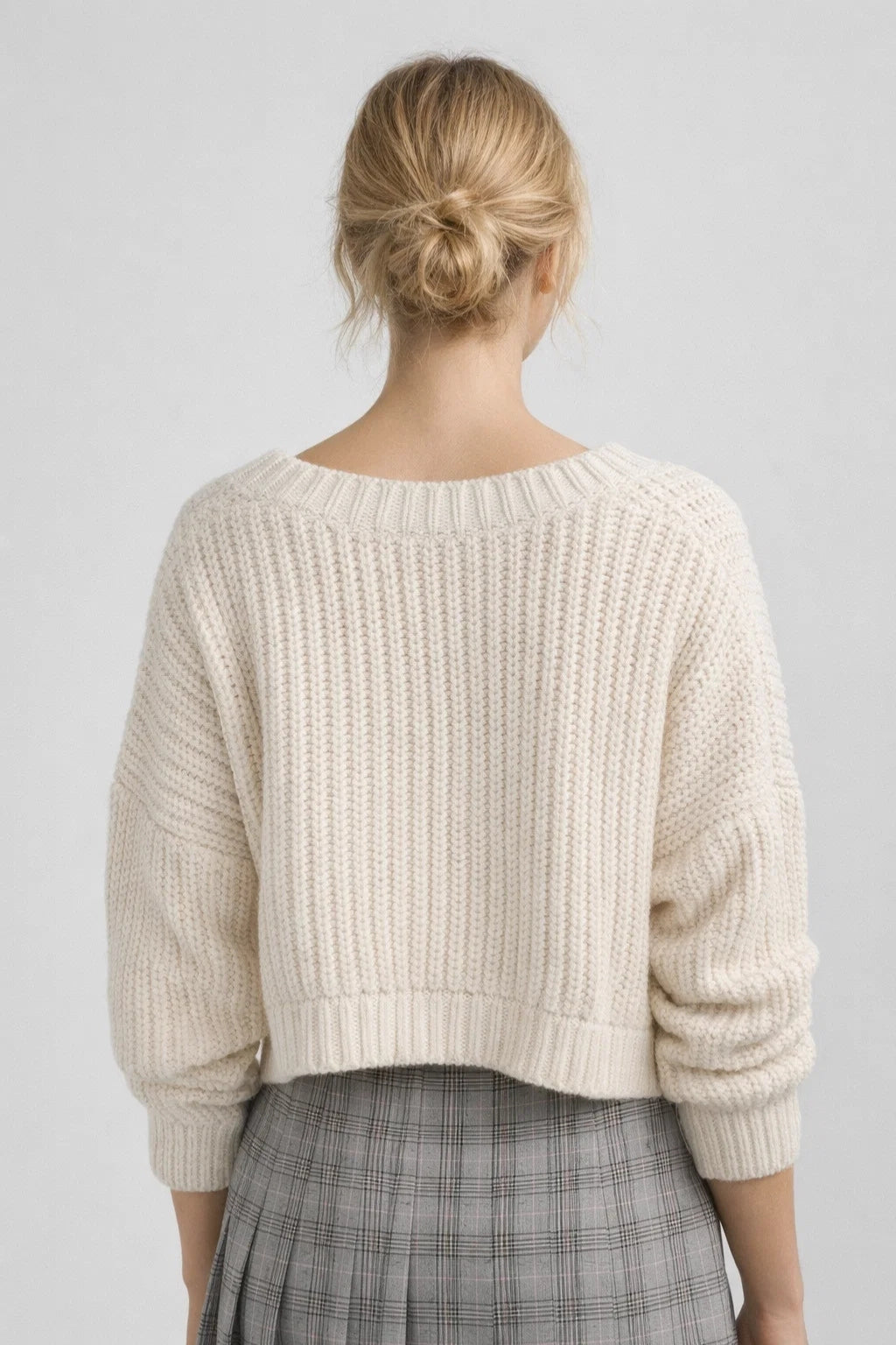 Women's Dropped-Shoulder Cropped V-Neck Cardigan in Textured Knit