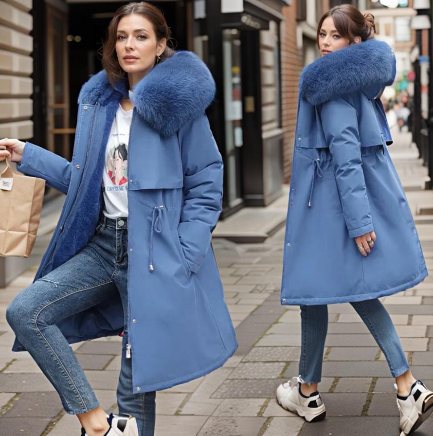 Women's Trimmed-Hood Winter Parka with Thick Plush Lining - Blue