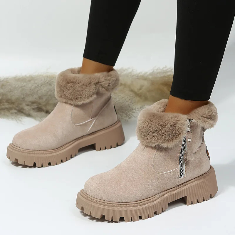 Women's Faux Fur-Trimmed Lug Sole Ankle Boots with Cushioned Insole - Khaki