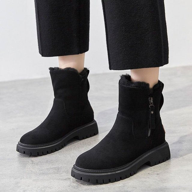Women's Water-Resistant Suede-Textured Winter Booties with Lug Sole - Black