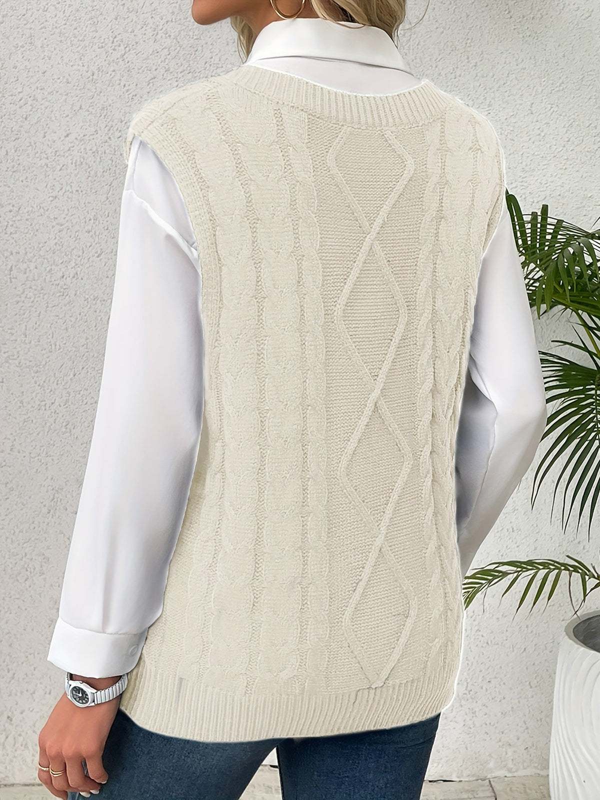 Women's Cable-Knit V-Neck Sweater Vest in a Relaxed Fit
