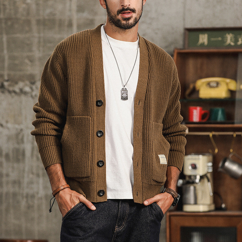 Men's Chunky Cotton Cardigan with Big Front Pockets - Brown