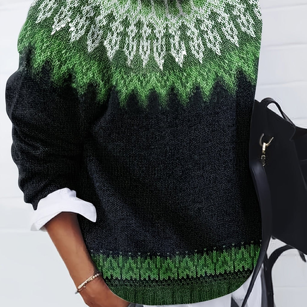 Women's Chunky Nature Motif Jacquard Crew Neck Pullover - Emerald Green