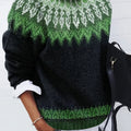 Women's Chunky Nature Motif Jacquard Crew Neck Pullover - Emerald Green