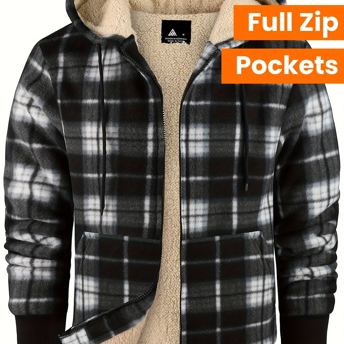 Men's Plush-Lined Zip-Up Hooded Jacket in Solid or Plaid - Grid 01