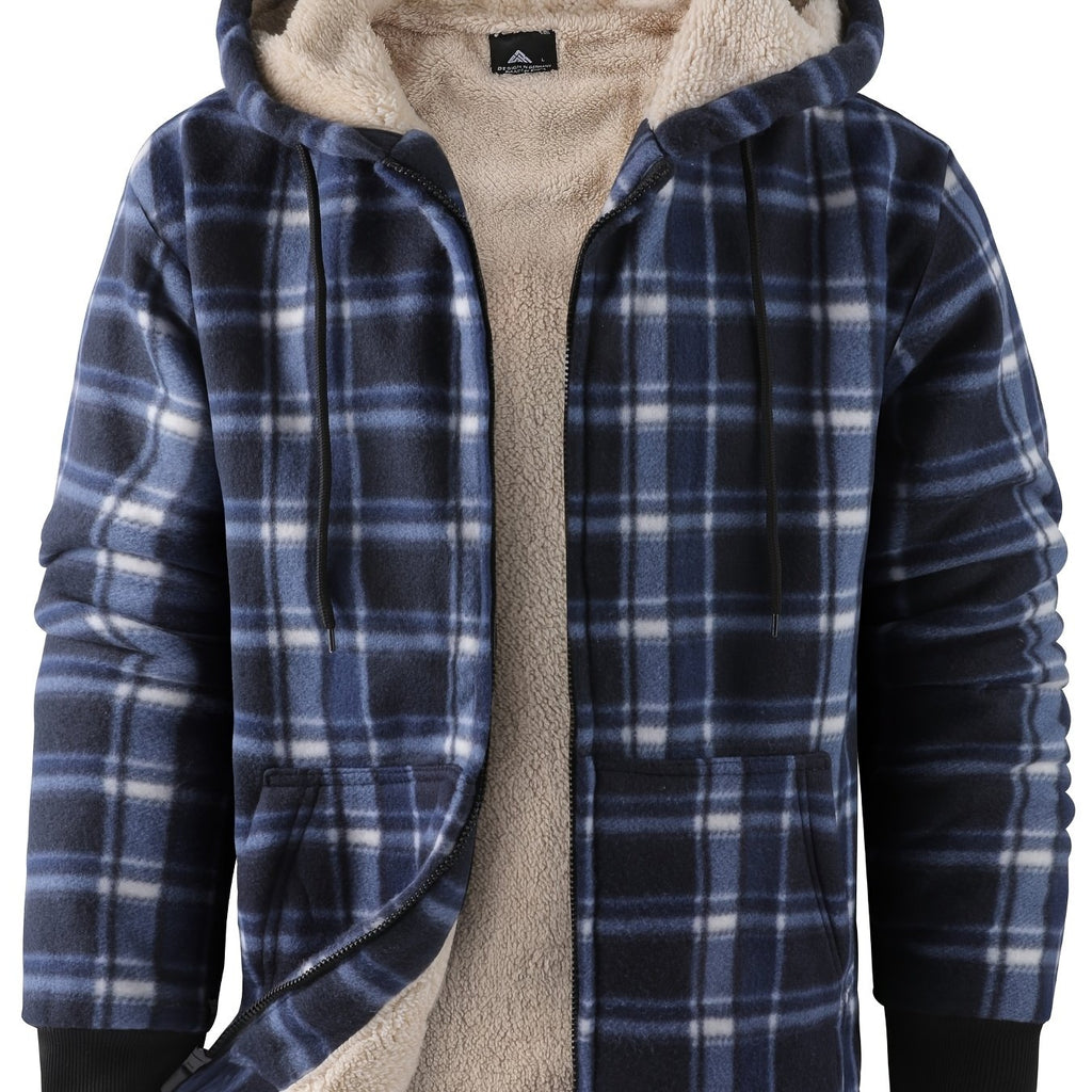 Men's Plush-Lined Zip-Up Hooded Jacket in Solid or Plaid - Blue