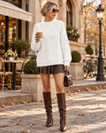 Women's Oversized Diamond Texture Sweater with Ribbed Crew Neck - White