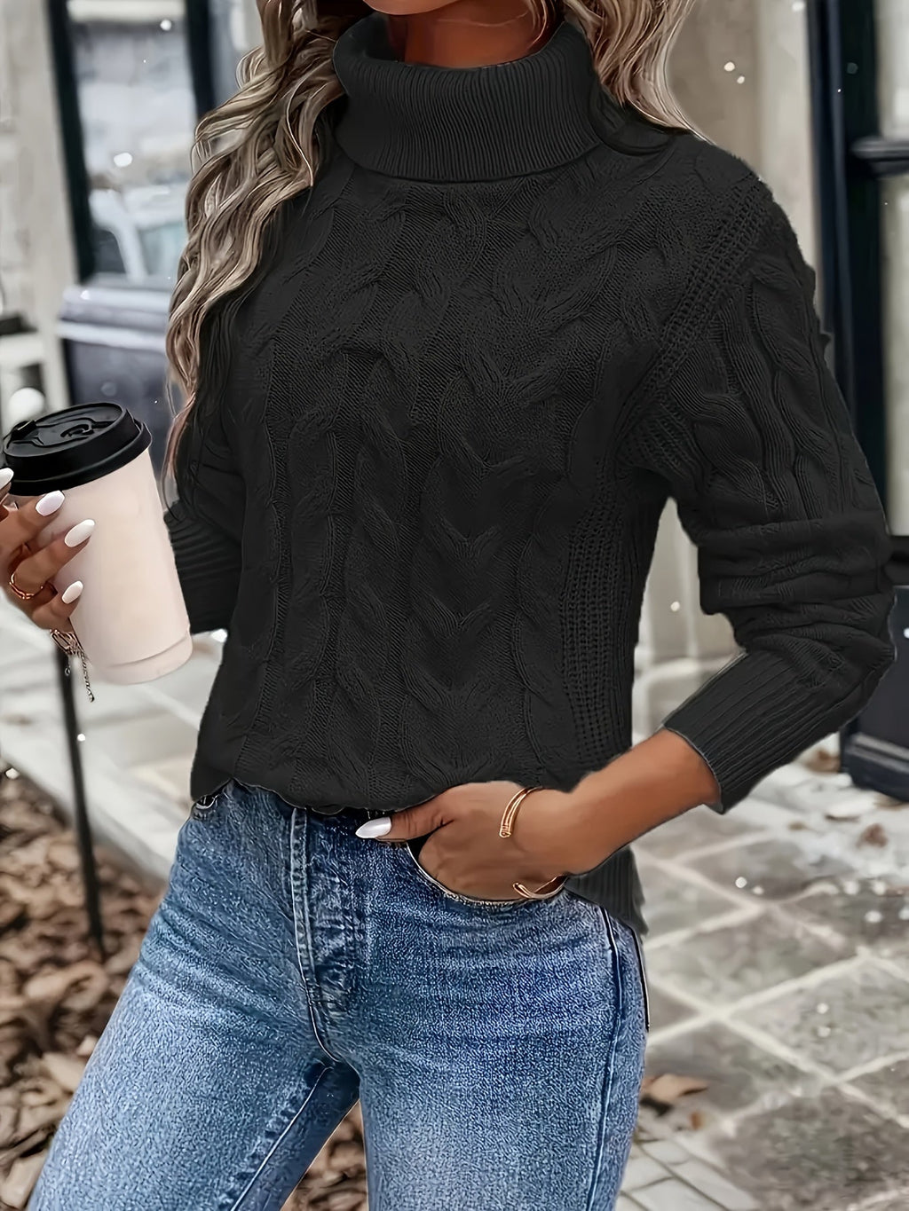 Women's Twisted Cable Turtleneck Sweater in a Lightly Shaped Fit