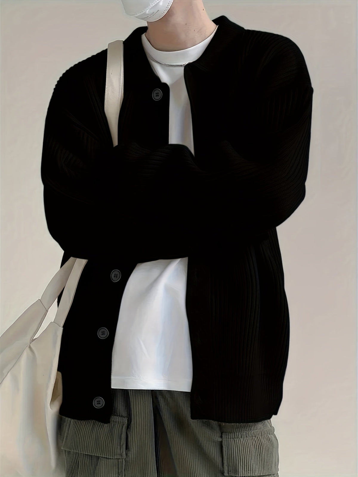 Men's Roomy Collared Button-Up Knit Cardigan