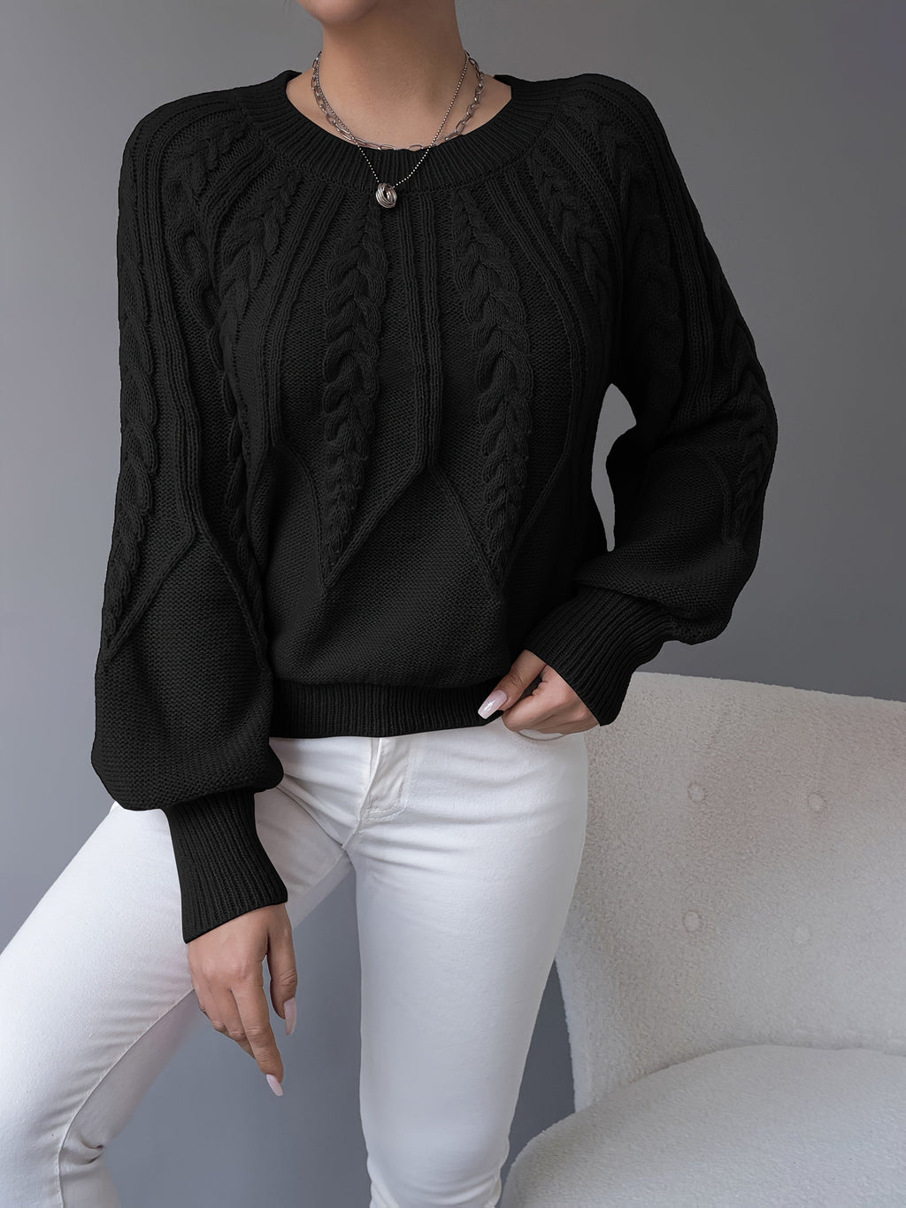 Women's Classic Cable Crew Neck Sweater with Lantern Sleeves