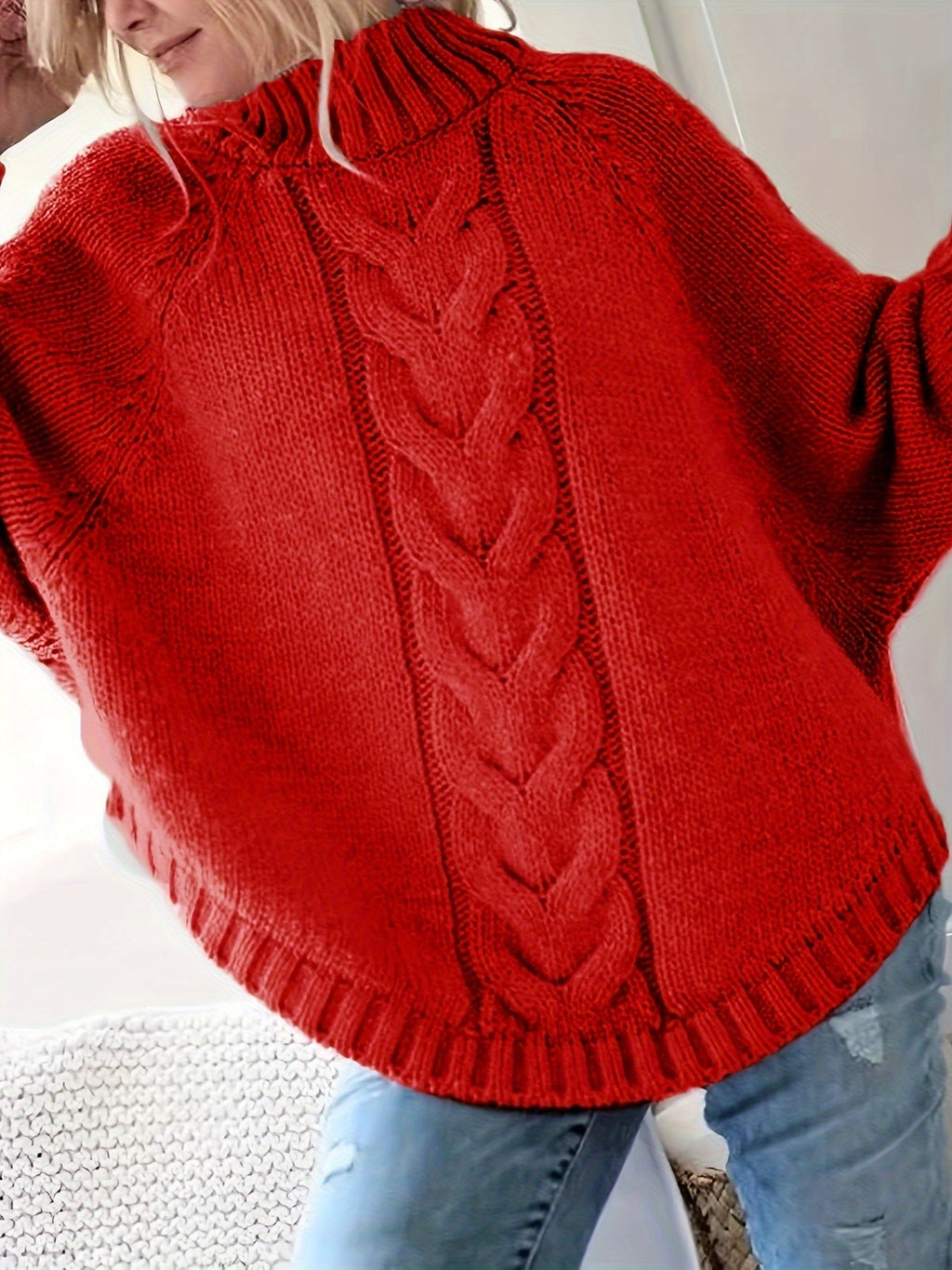 Women's Relaxed Thick Cable-Knit Sweater with Tall Neck