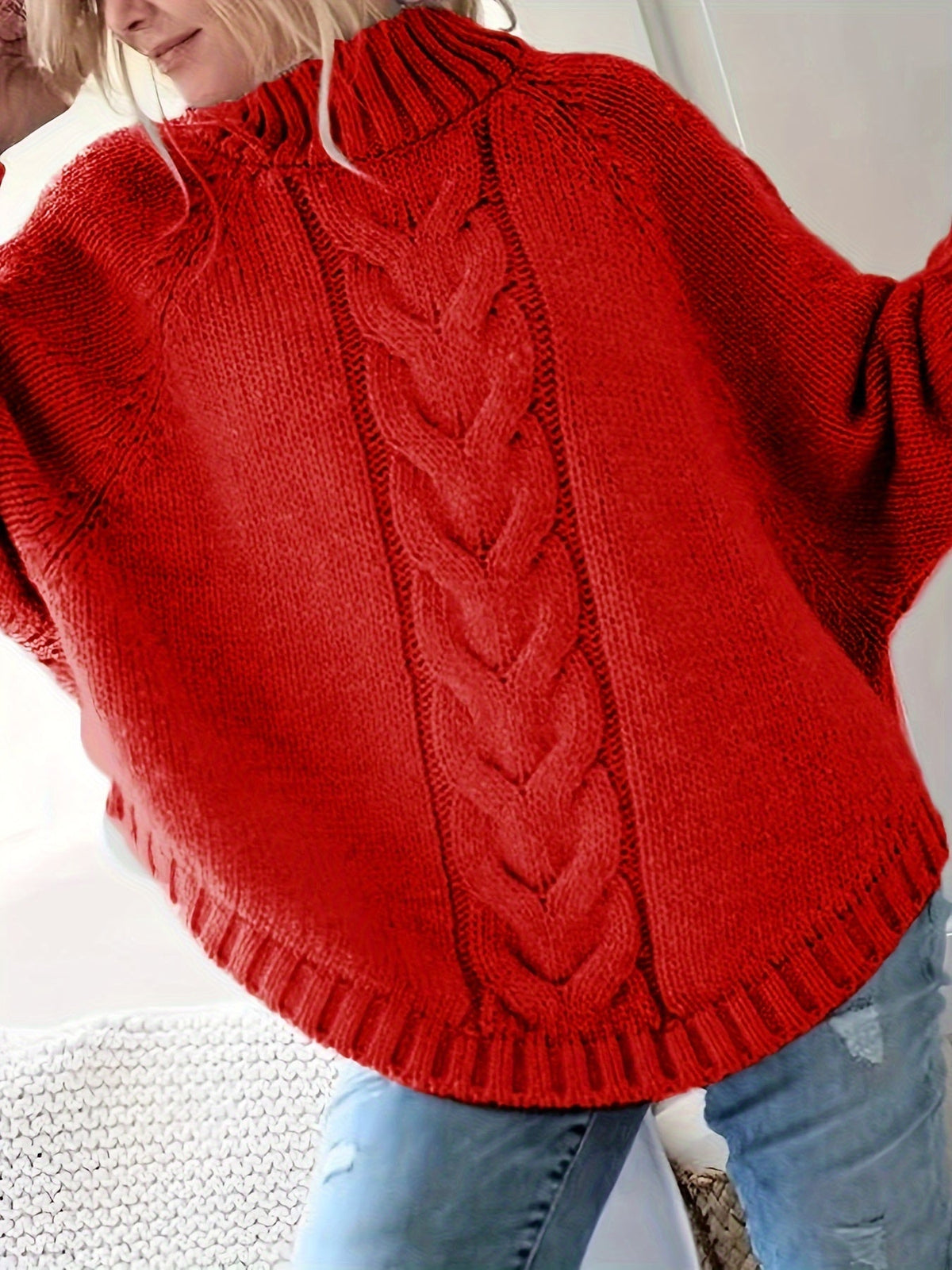 Women's Relaxed Thick Cable-Knit Sweater with Tall Neck