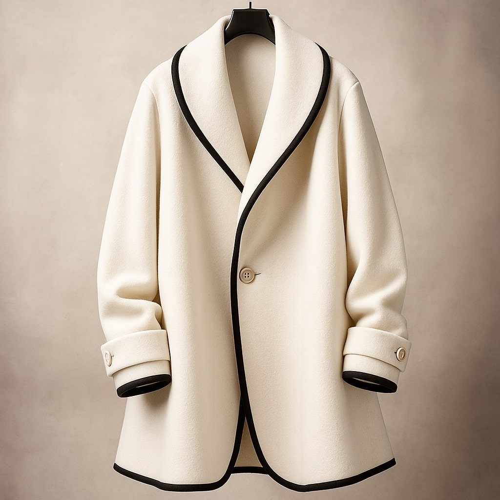 Women's Oversized Contrast-Edged Coat with Rolled Cuffs - White