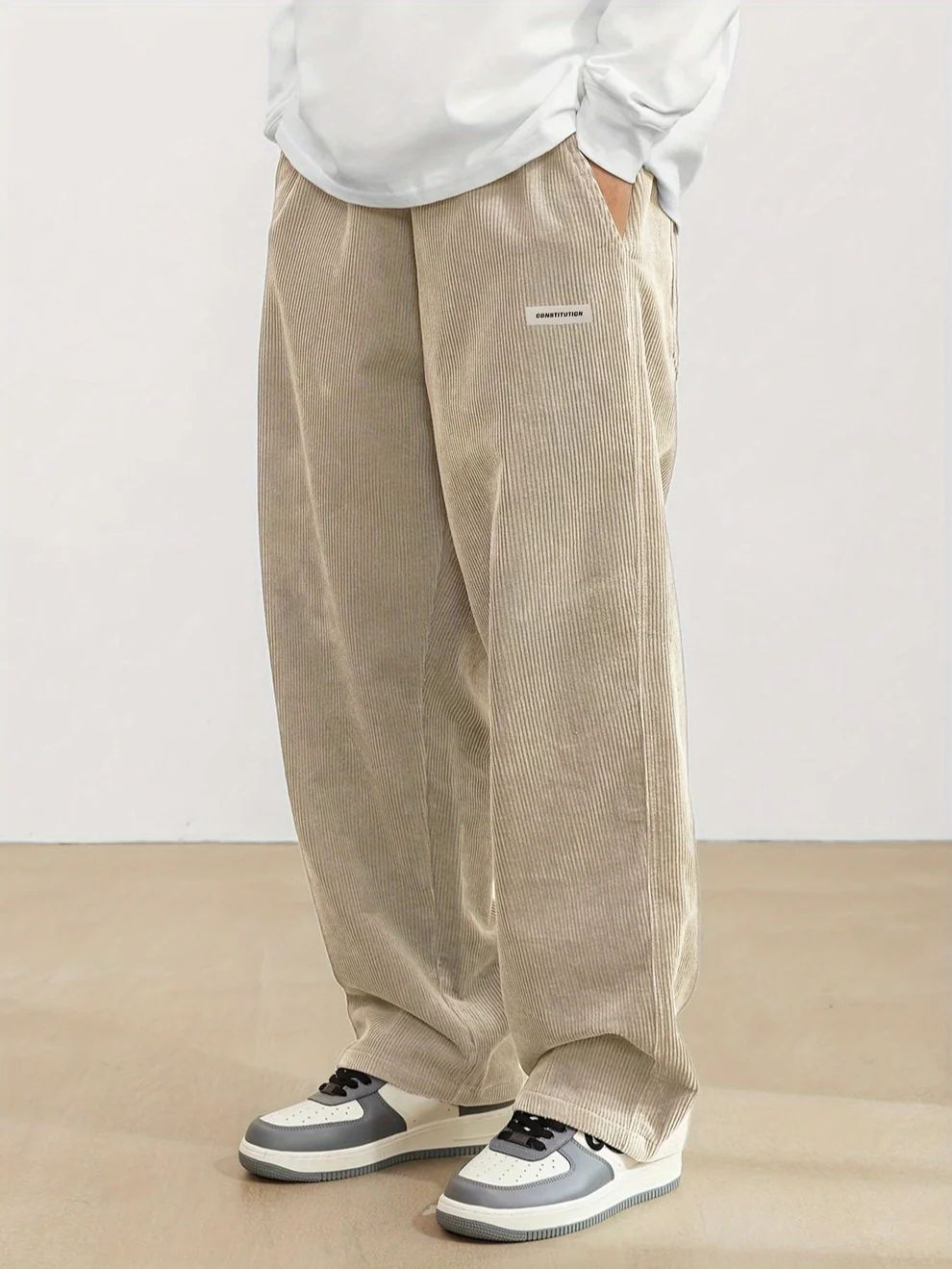 Men's Roomy Wide-Leg Corduroy Pants for Weekends and Travel - Beige