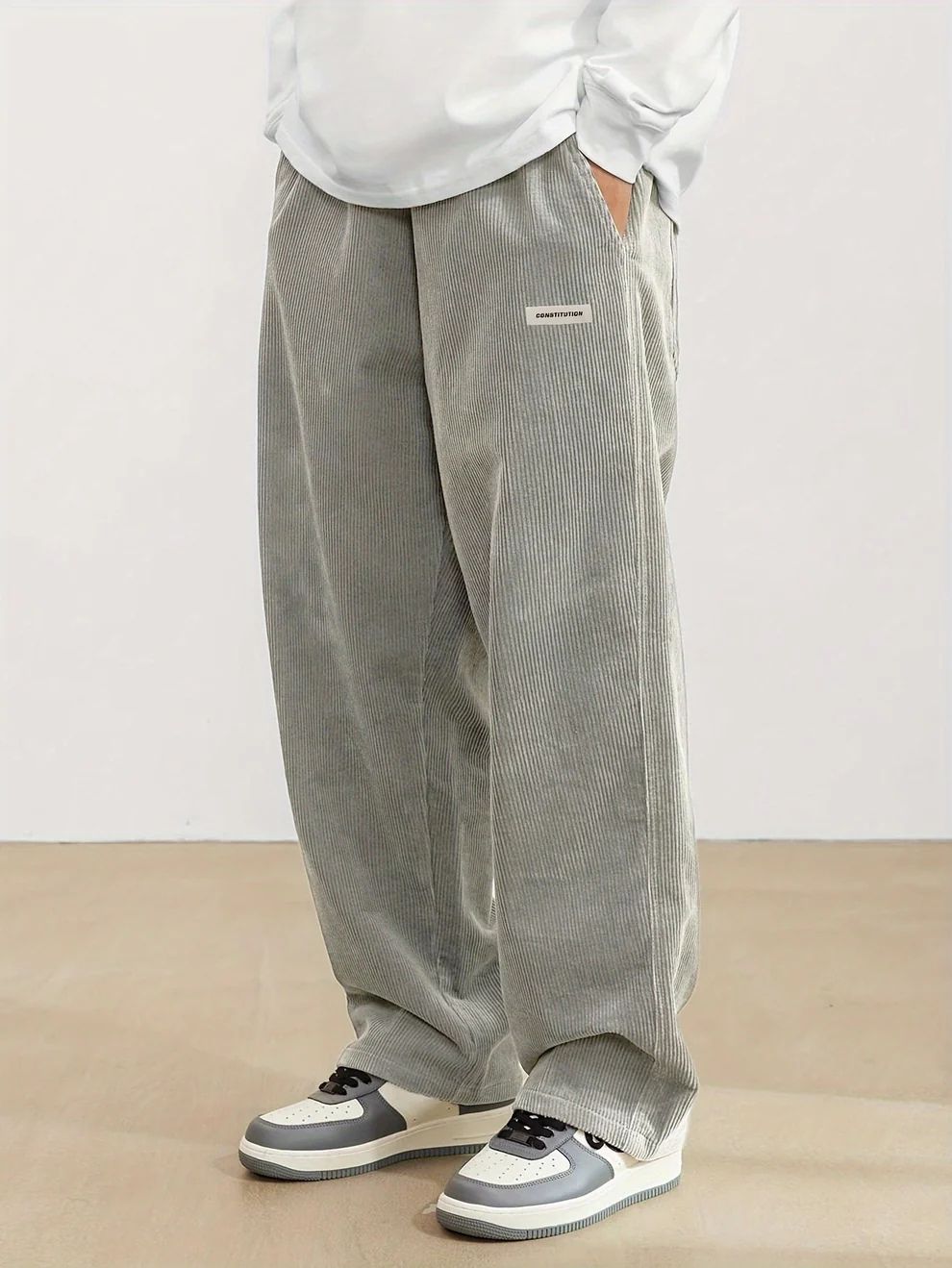 Men's Roomy Wide-Leg Corduroy Pants for Weekends and Travel - Light Gray