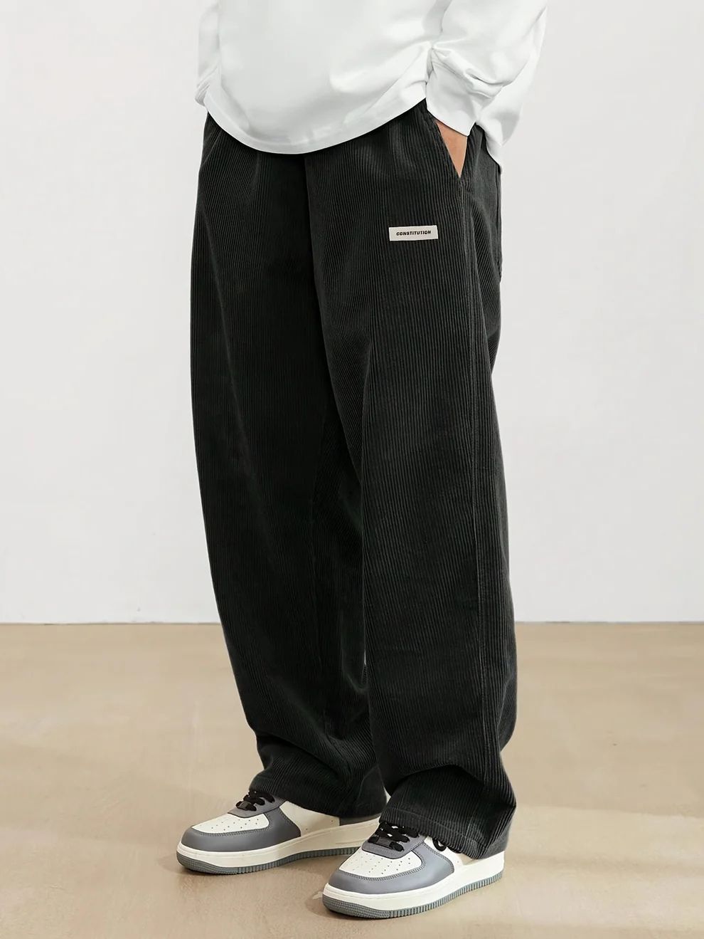 Men's Roomy Wide-Leg Corduroy Pants for Weekends and Travel - Black