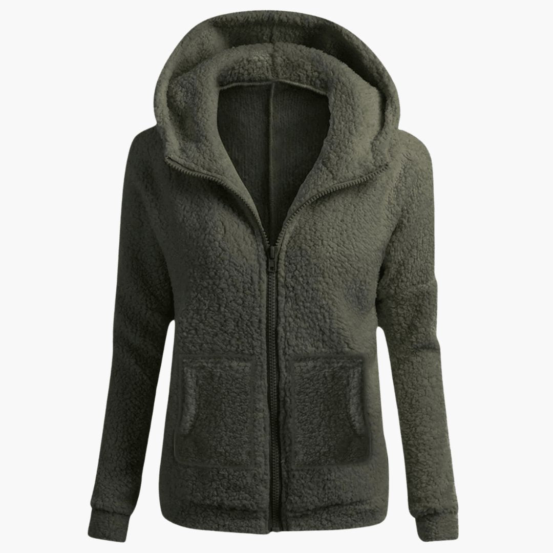 Women's Hooded Textured Fleece Zip Jacket in Extended Sizes - Army Green