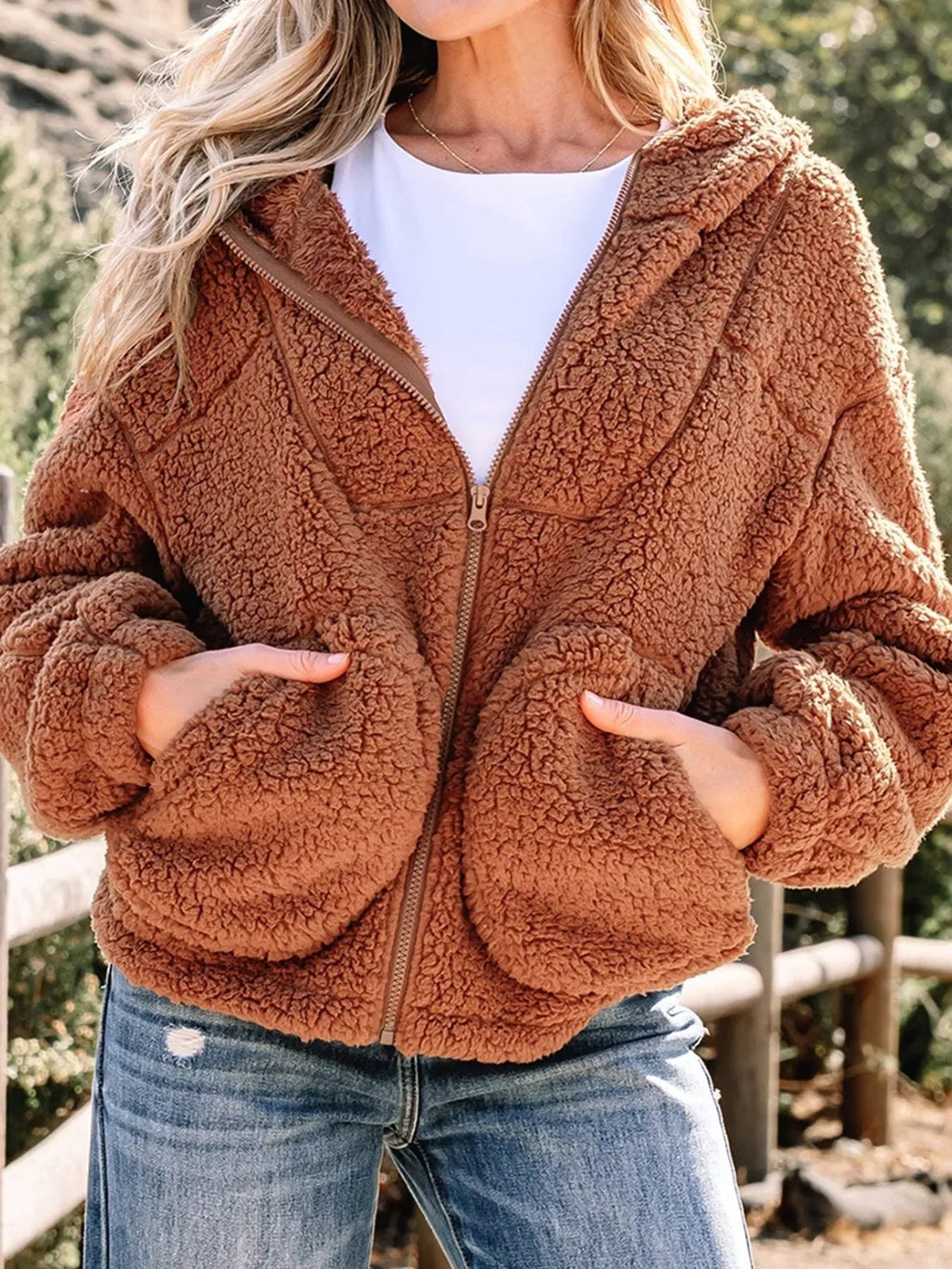 Women's Plush Teddy Zip-Up Jacket with Relaxed Oversized Fit - Brown