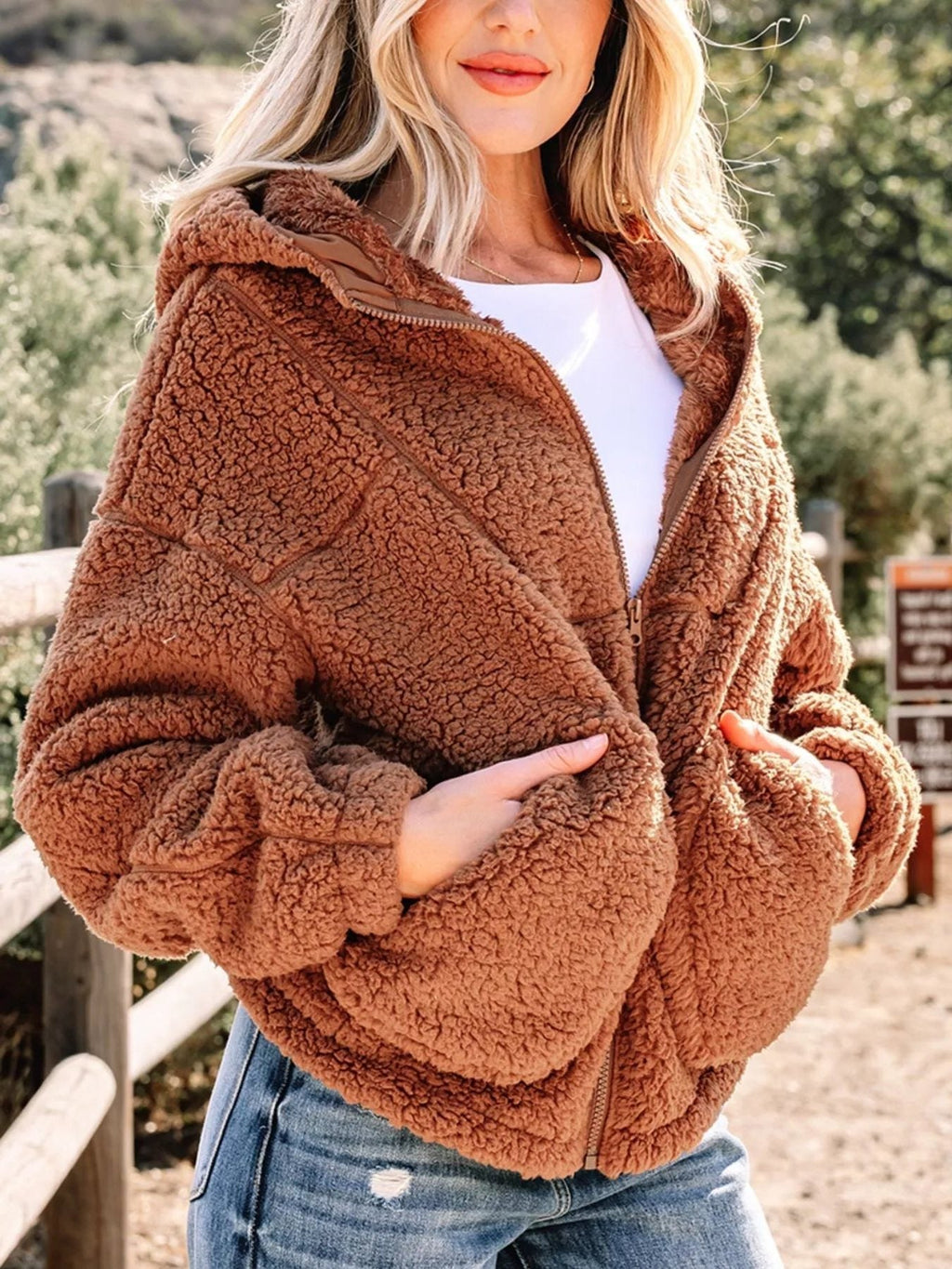 Women's Plush Teddy Zip-Up Jacket with Relaxed Oversized Fit