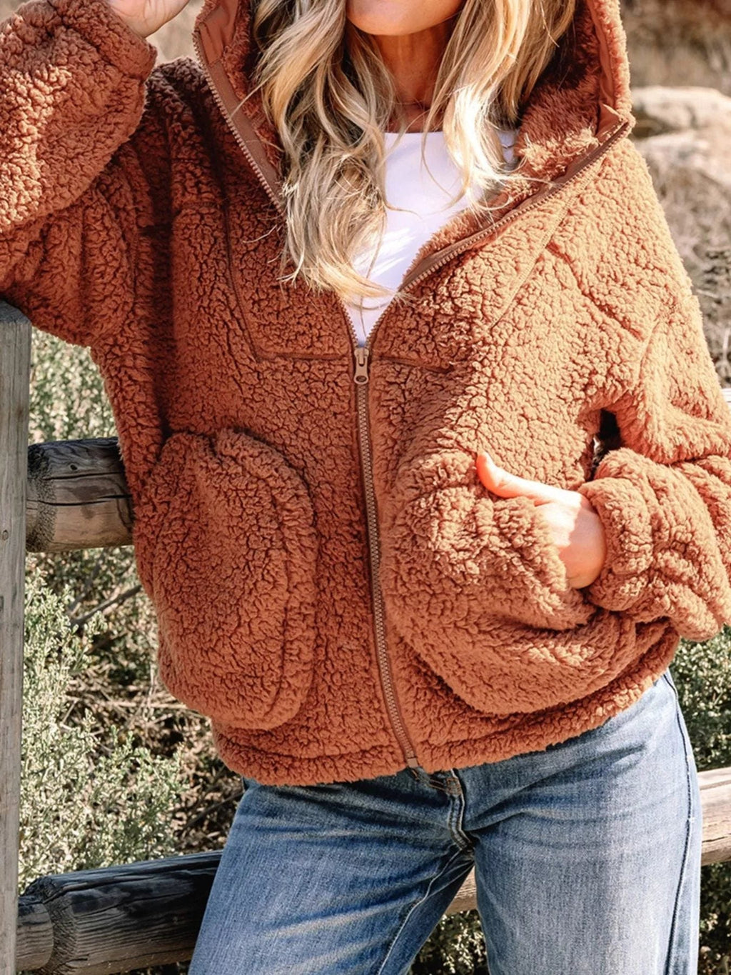 Women's Plush Teddy Zip-Up Jacket with Relaxed Oversized Fit