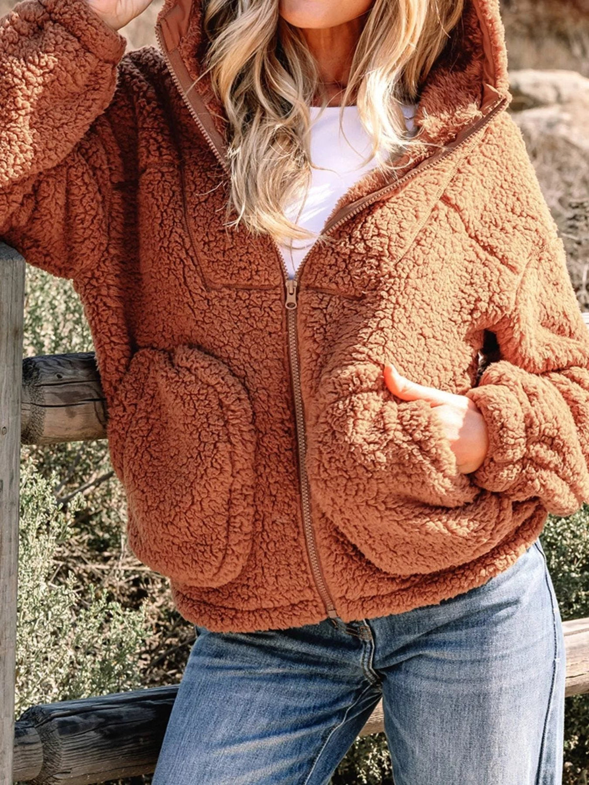 Women's Plush Teddy Zip-Up Jacket with Relaxed Oversized Fit
