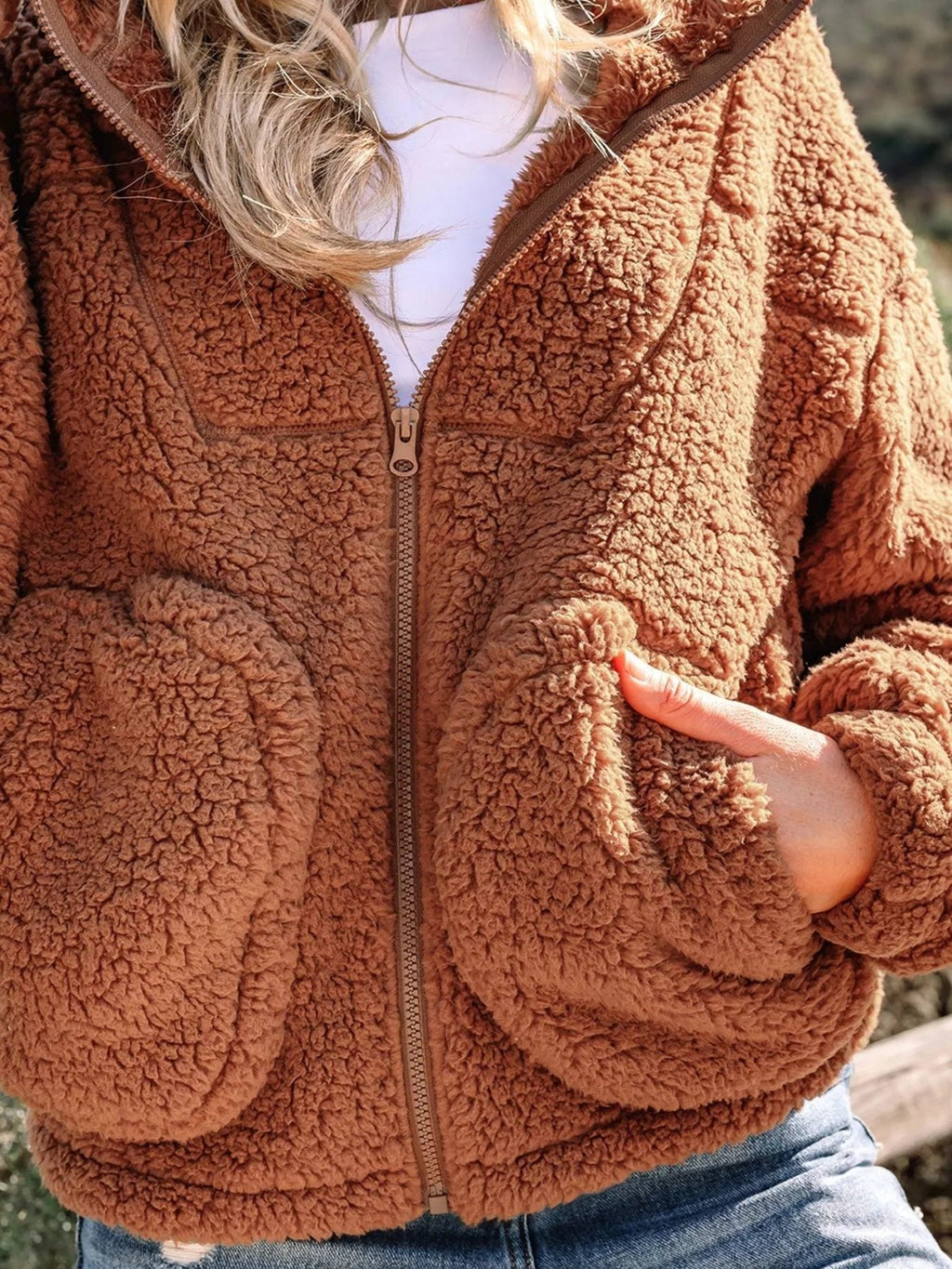 Women's Plush Teddy Zip-Up Jacket with Relaxed Oversized Fit