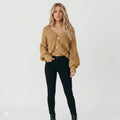 Women's Voluminous-Sleeve Cropped Cardigan in Thick Chunky Knit - Khaki