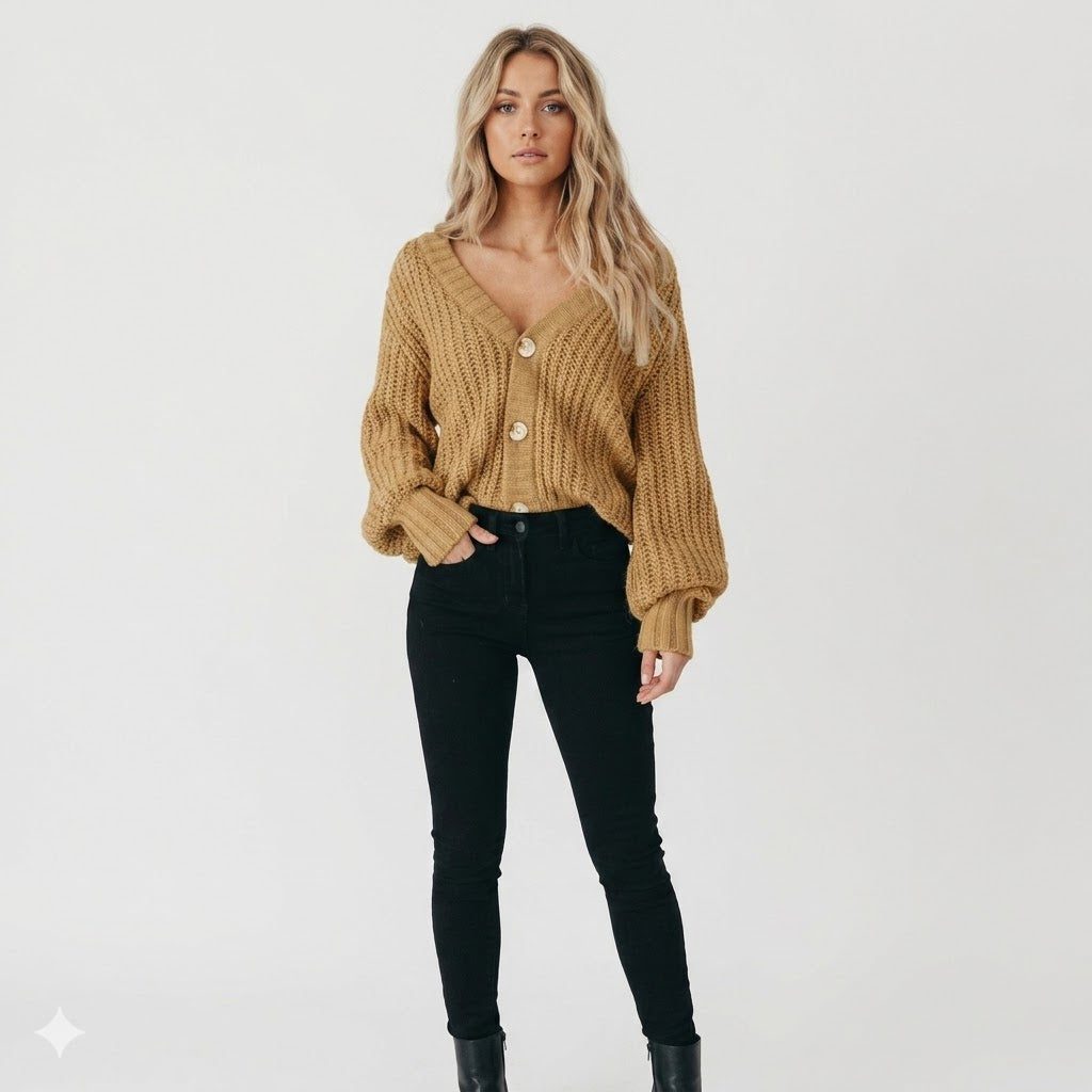 Women's Voluminous-Sleeve Cropped Cardigan in Thick Chunky Knit - Khaki