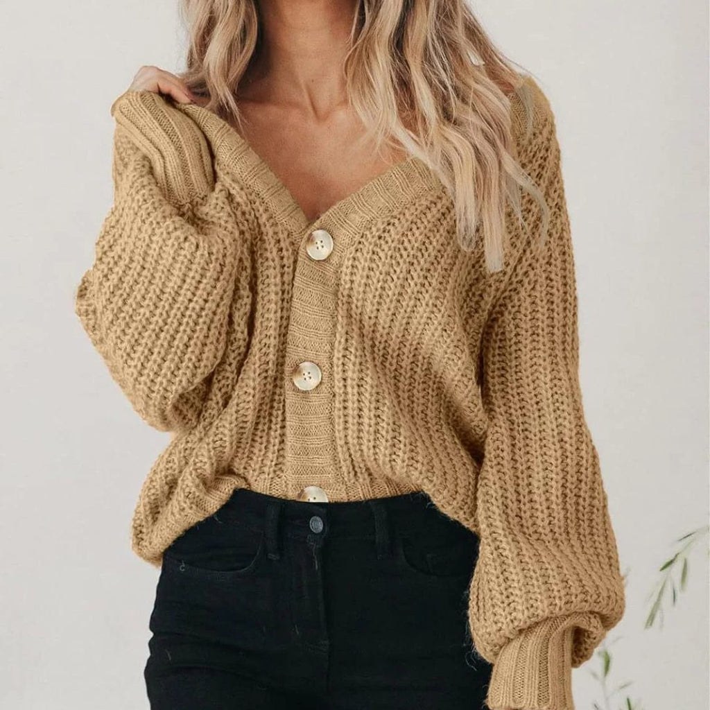 Women's Voluminous-Sleeve Cropped Cardigan in Thick Chunky Knit